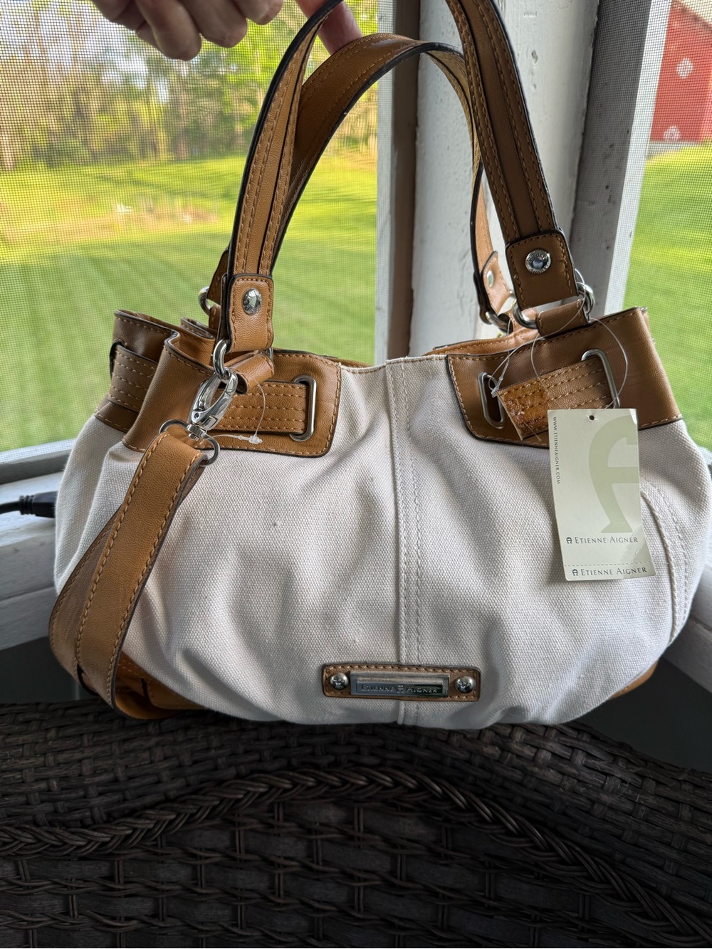 Etienne Aigner Cream Canvas Shoulder Bag with Tan  Trim NWT